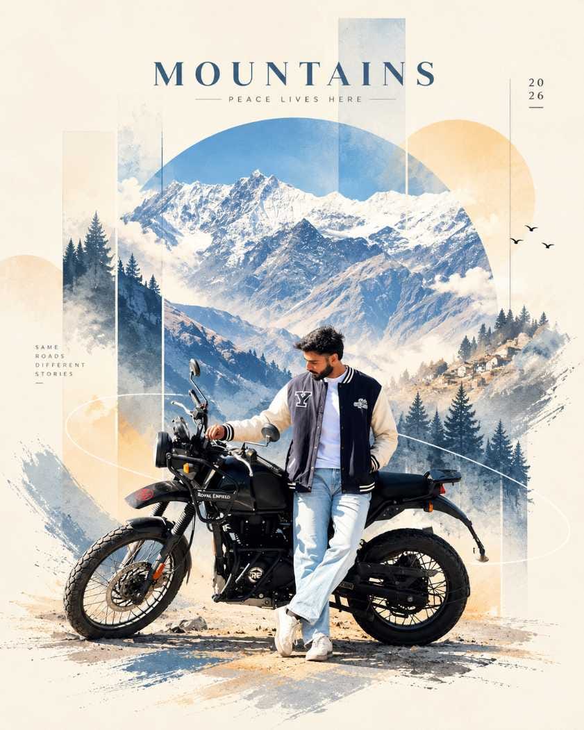 Bearded man in a varsity jacket leaning on a black Royal Enfield bike with snowy mountains and pine trees behind him
