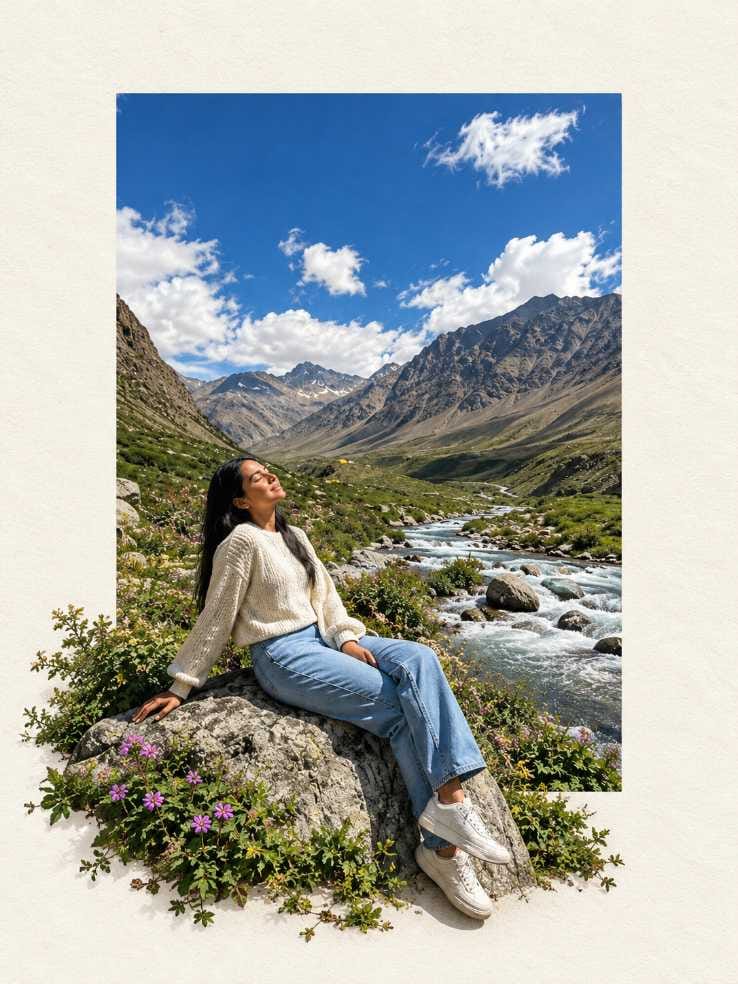 Woman with long dark hair sitting on a grey rock, face tilted up, with rocky mountains and a stream behind her