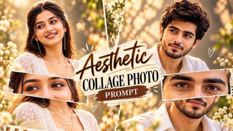 Collage of a smiling young woman and a bearded young man with close-ups of their eyes, among soft white flowers and warm light