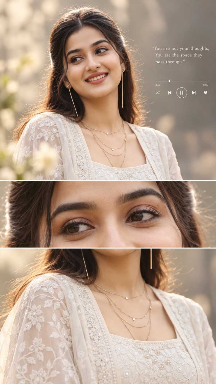 Smiling young woman with long dark wavy hair in a cream lace outfit with layered gold necklaces and long thin earrings