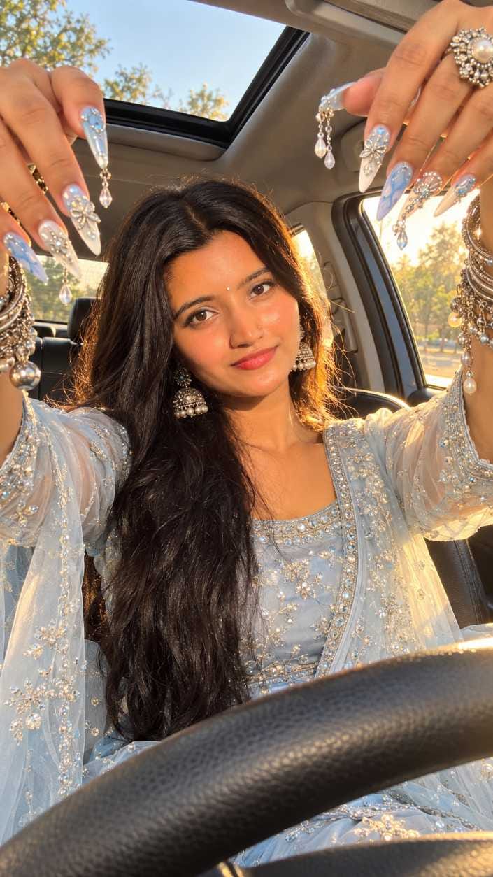 Woman in a car raising both arms from a low angle, wearing ice-blue outfit, pearl earrings and long stiletto nails with charms