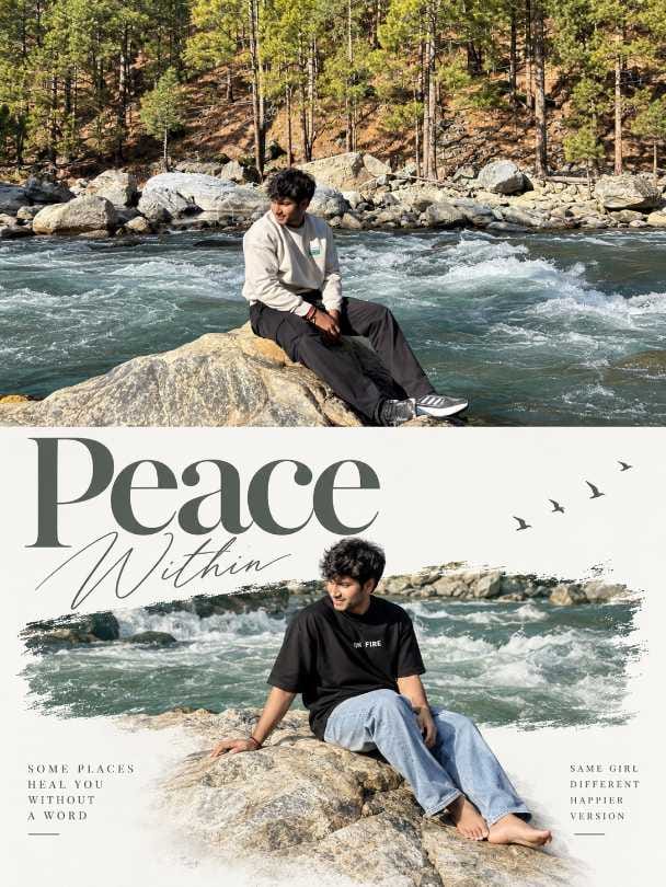 Peace Within AI poster of a young man sitting on a river rock, original photo on top and cream design with river strip and birds below