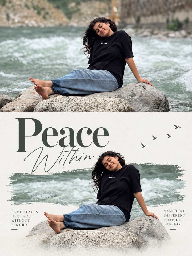 Peace Within AI poster of a smiling woman with wavy hair sitting on a river rock, original photo on top and cream design with green river strip below