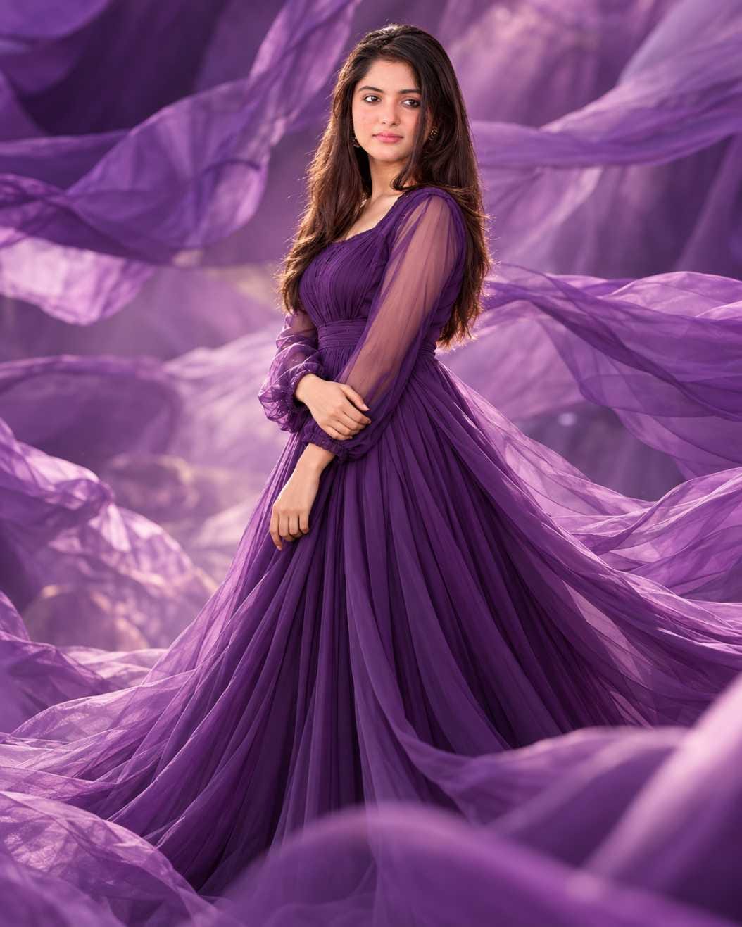 Girls Fashion Portrait Prompt result of a girl standing in a long purple gown with sheer sleeves and flowing purple cloth