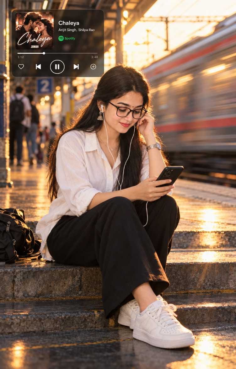 Cinematic Music Portrait Photo Prompt girl version on a railway station with Chaleya Spotify player