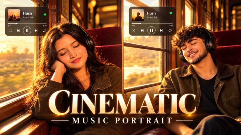 Woman and man with headphones, eyes closed, resting by a train window in golden sunset light with a music player card