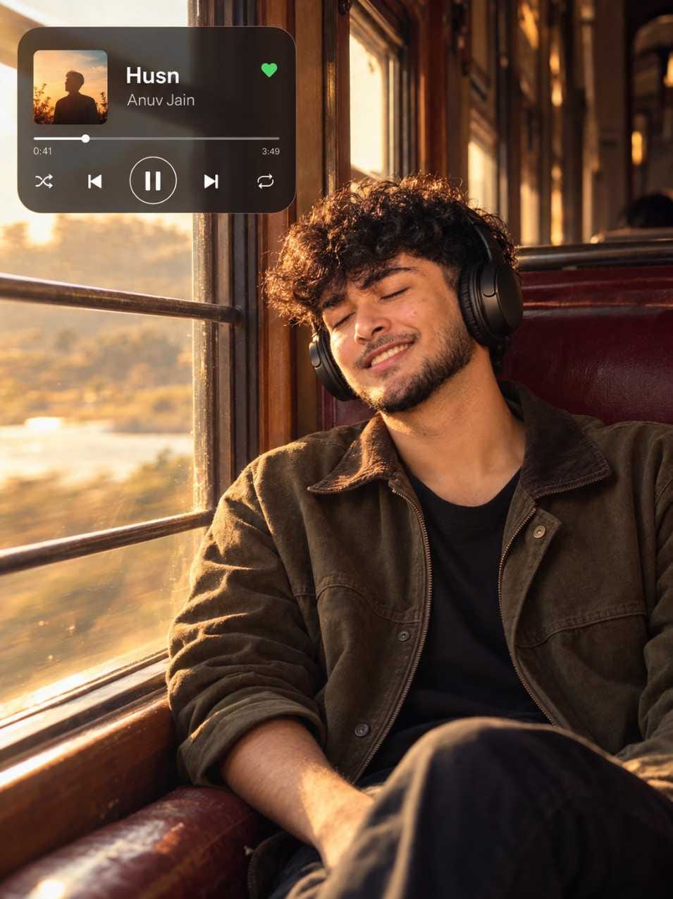 Young woman with long wavy hair and headphones rests her cheek on her hand by a train window at golden sunset
