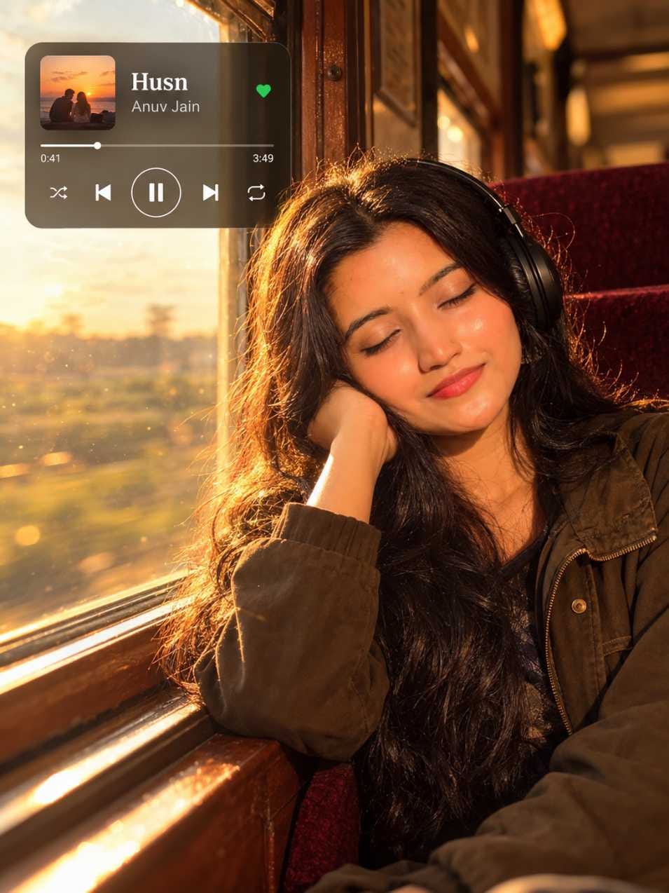 Young woman with long wavy hair and headphones rests her cheek on her hand by a train window at golden sunset